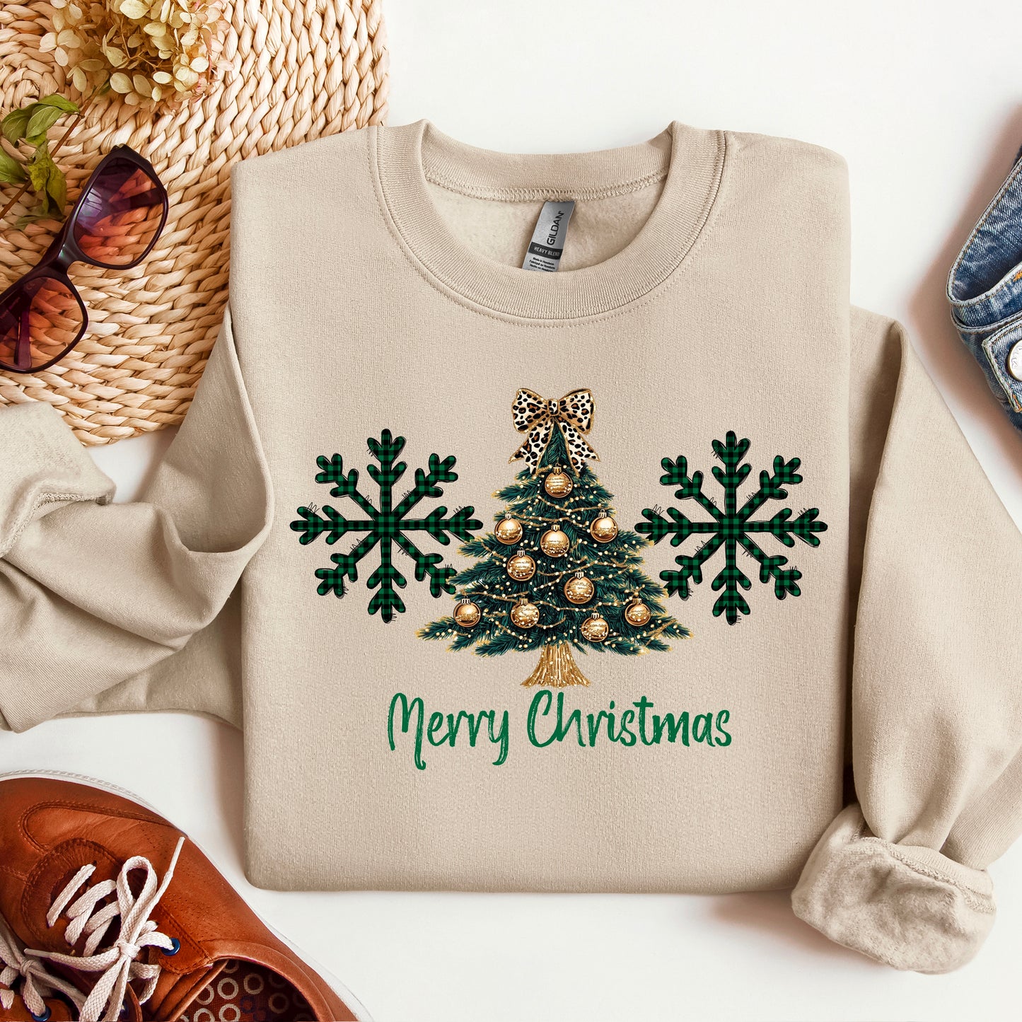 Merry Christmas- Gold Tree and Green Buffalo Check Snowflake