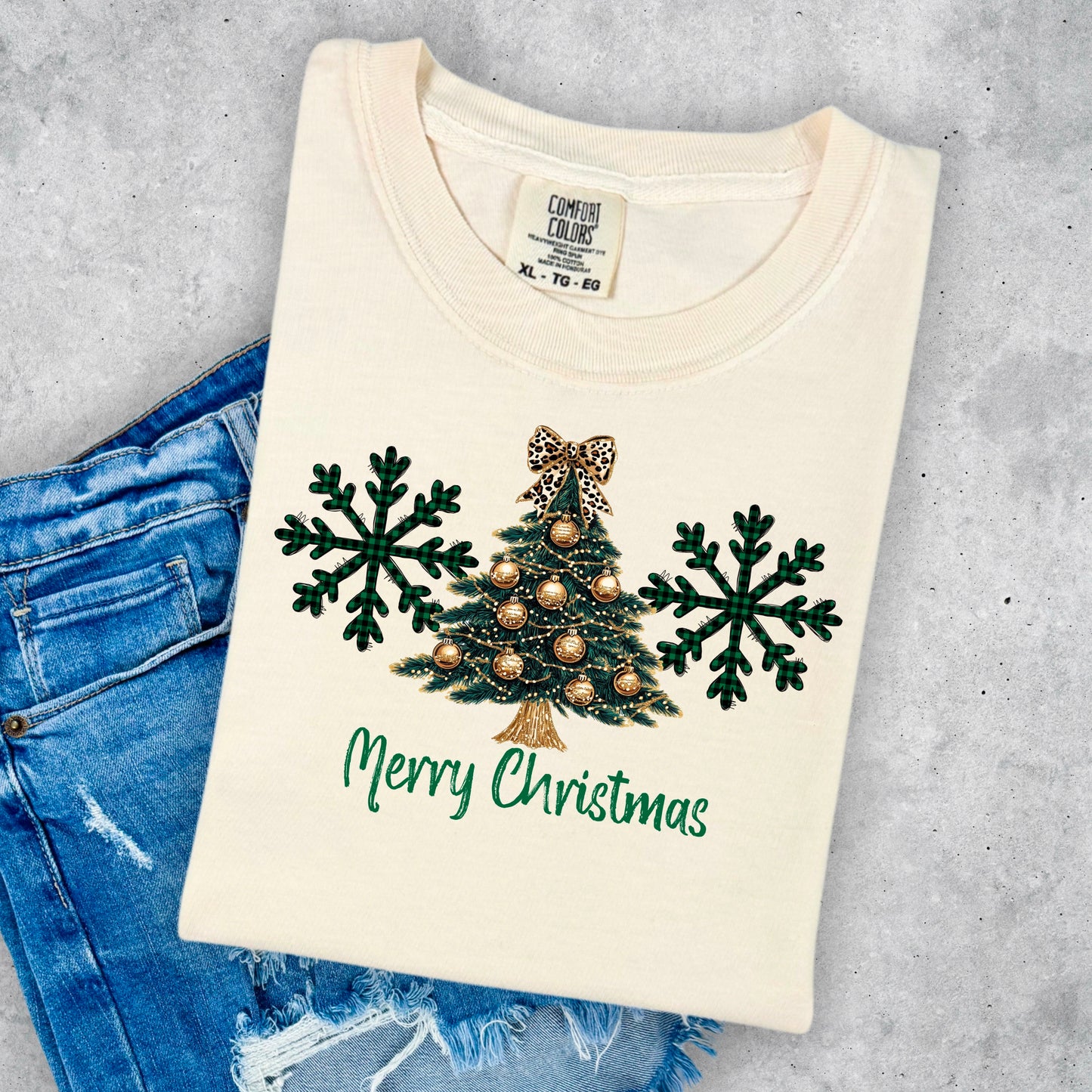Merry Christmas- Gold Tree and Green Buffalo Check Snowflake