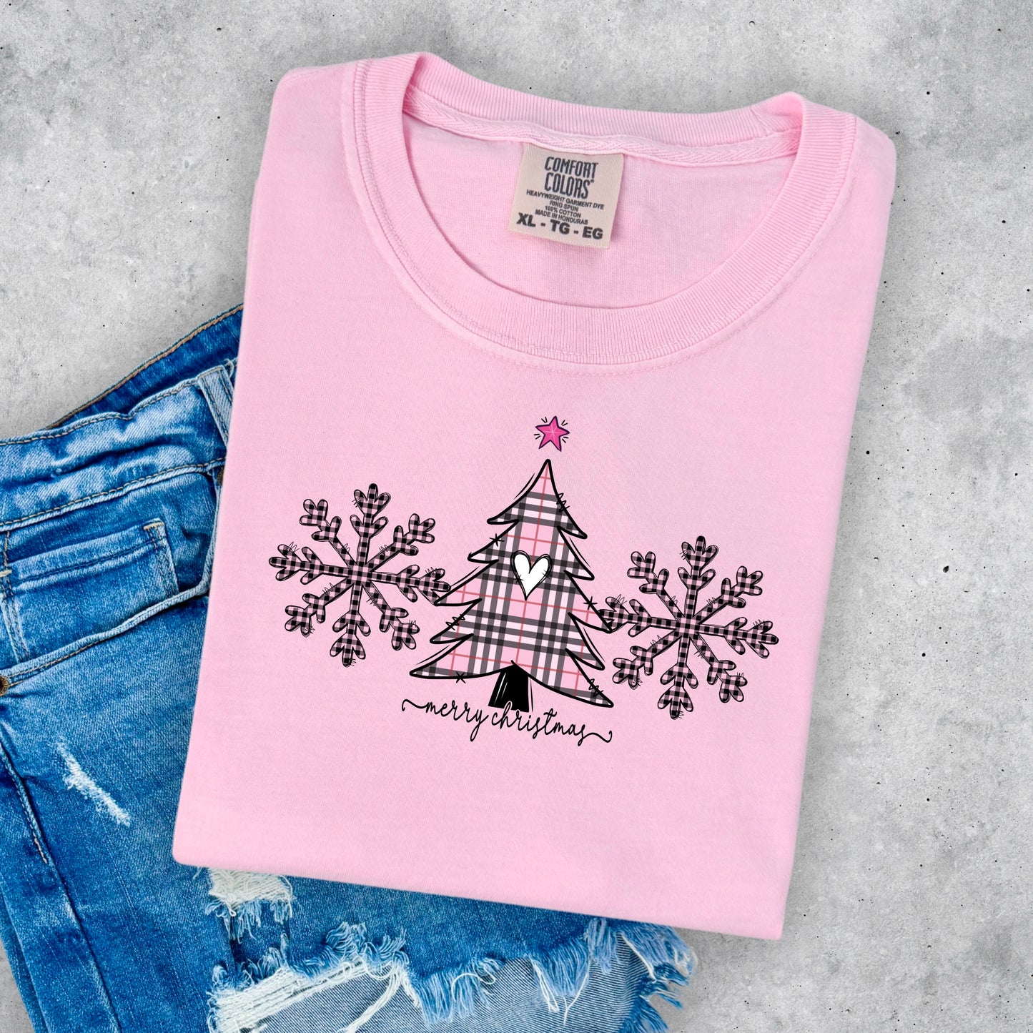 Merry Christmas- Pink plaid Tree- Pink Buffalo Check