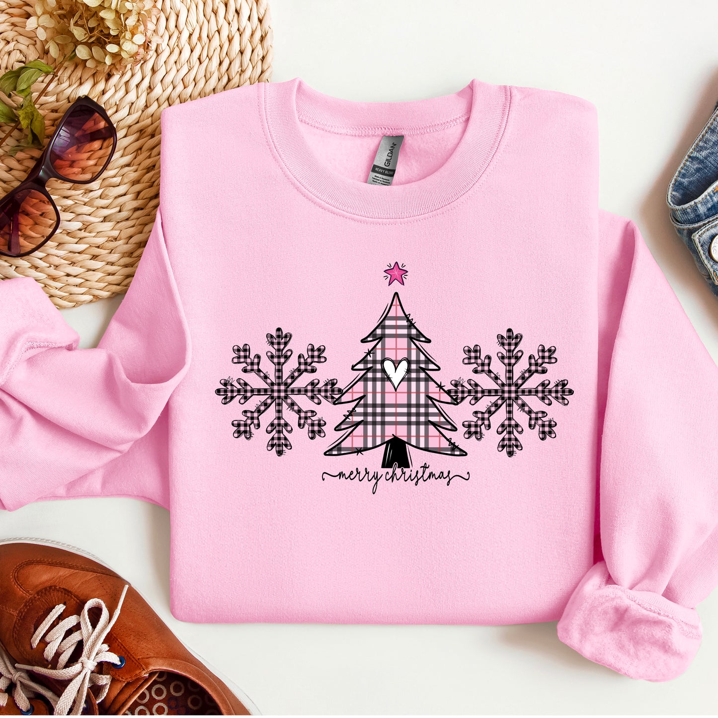 Merry Christmas- Pink plaid Tree- Pink Buffalo Check