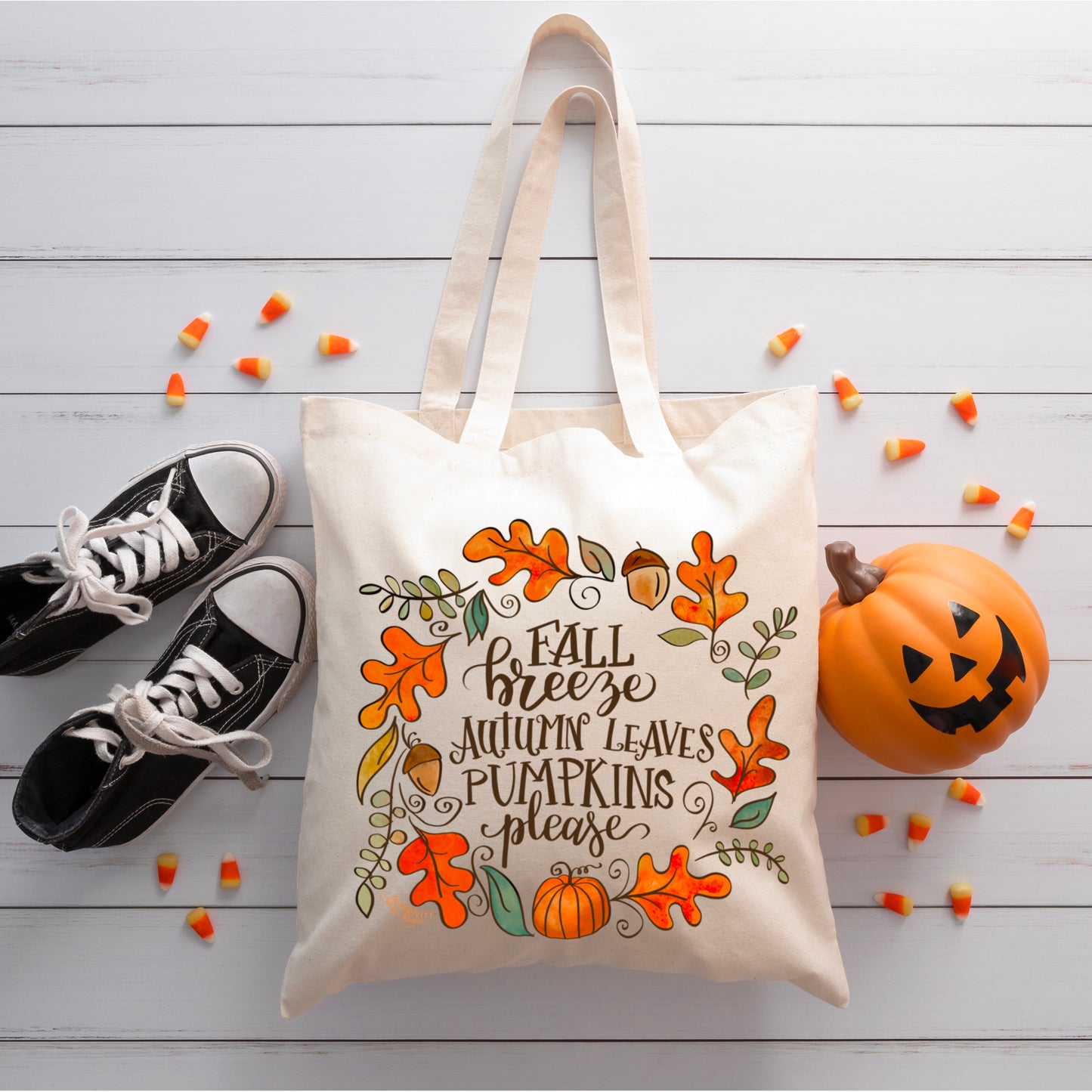 FALL BREEZE AUTUMN LEAVES PUMPKINS PLEASE TOTEBAG