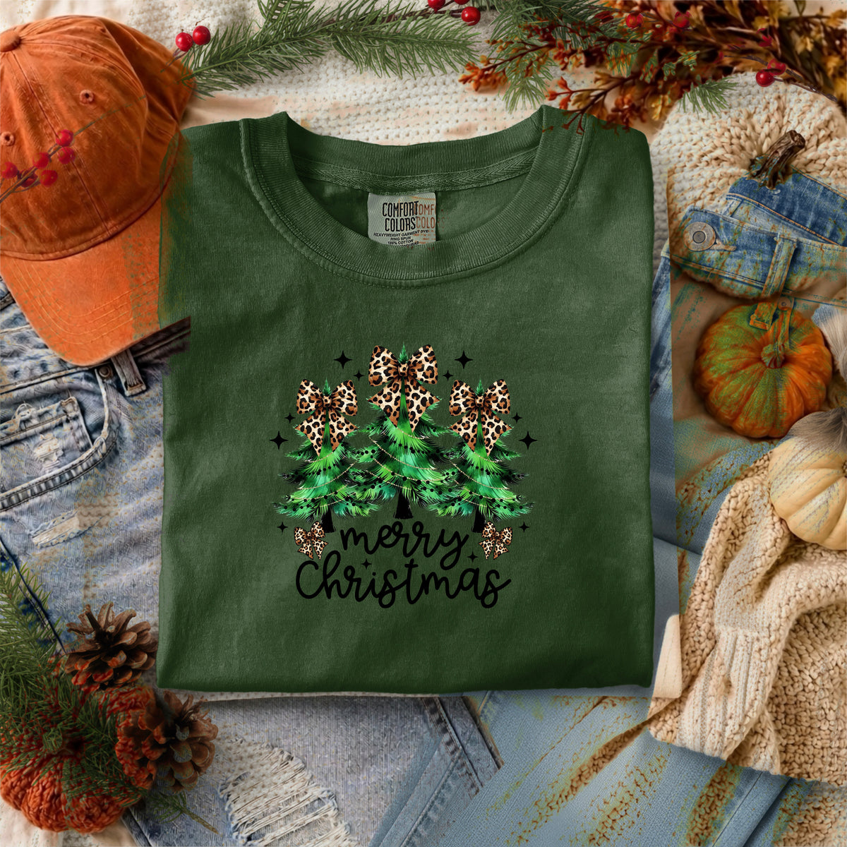 MERRY CHRISTMAS TREES WITH LEOPARD BOWS