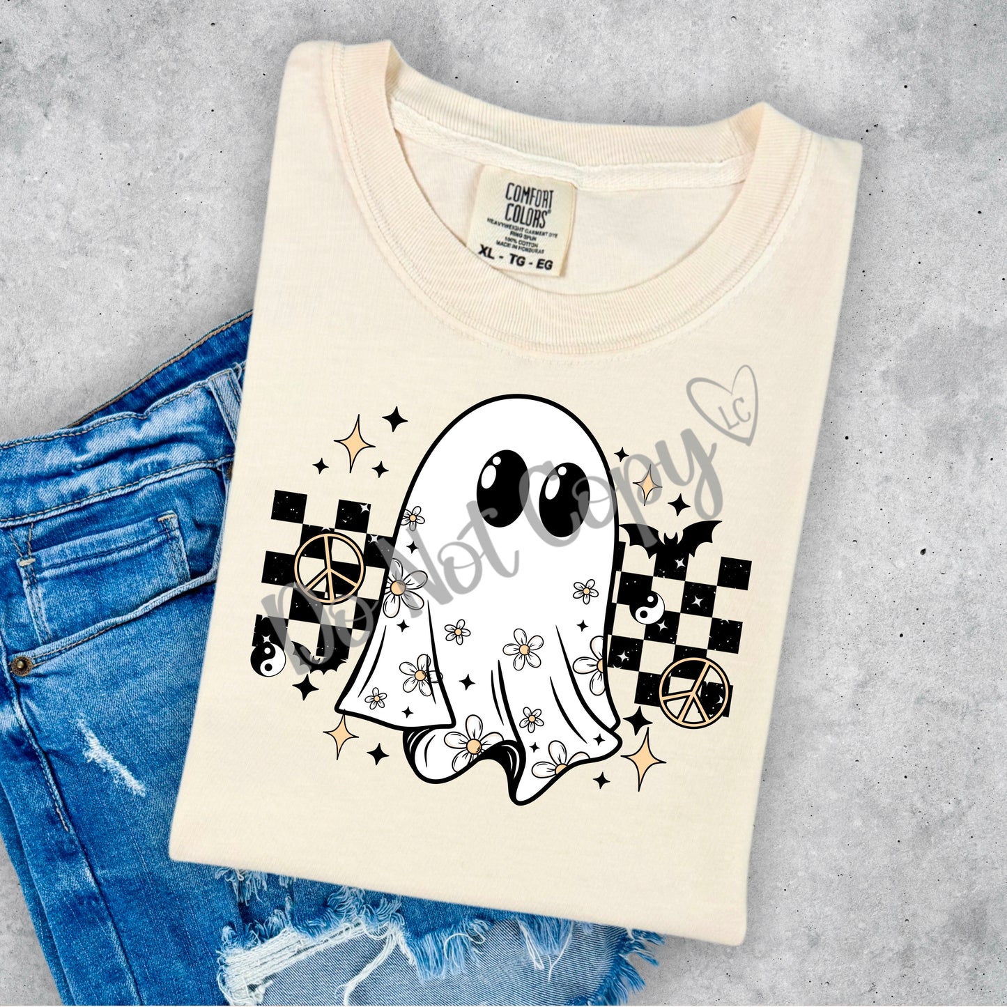Ghost with Daisies/ checkerboard background