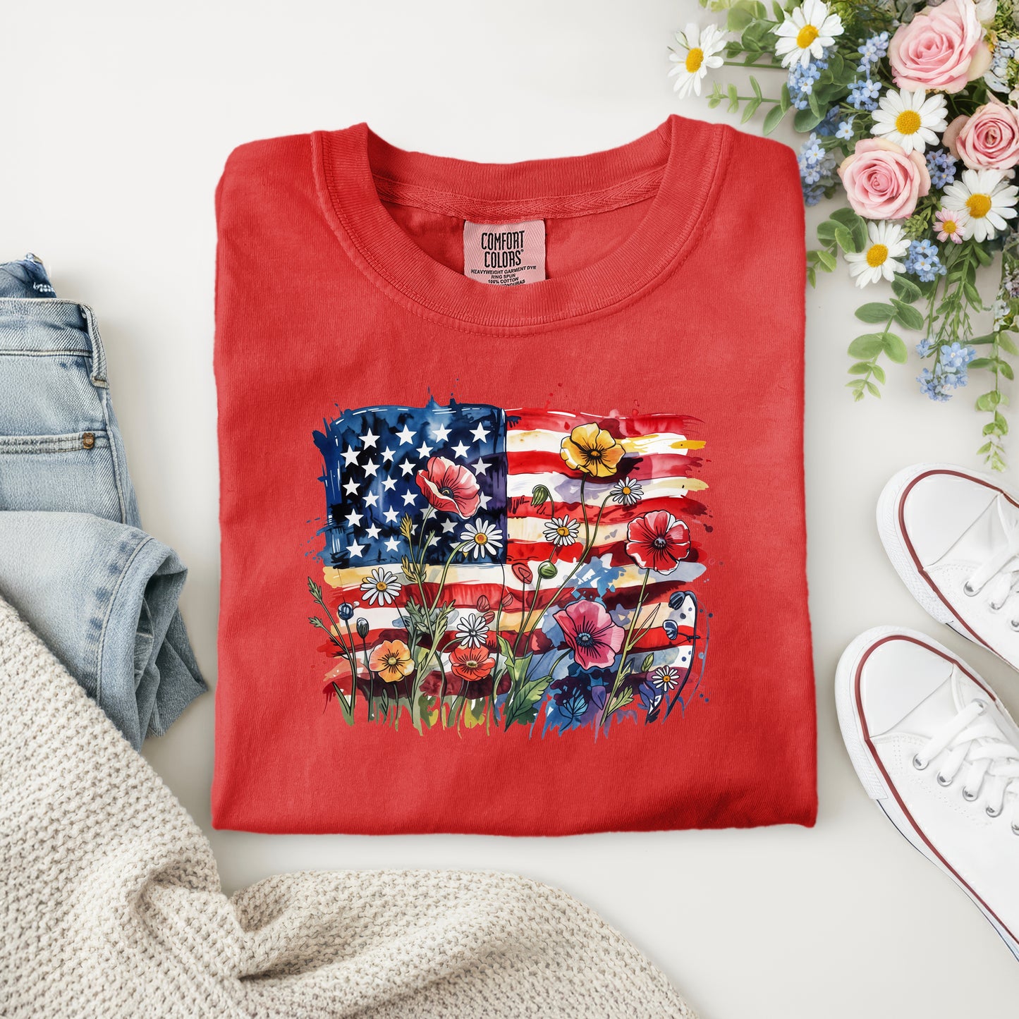 AMERICAN FLAG WITH FLOWERS