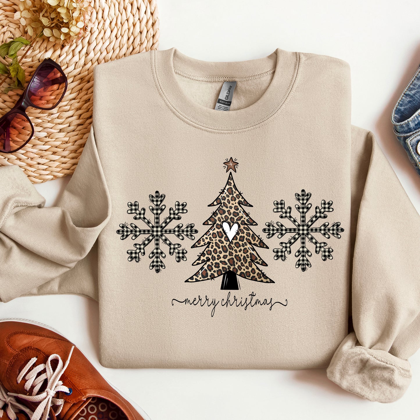 Merry Christmas -Leopard Tree/Buffalo Check Snowflake
