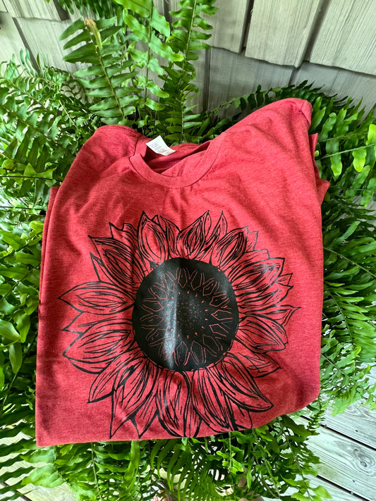 Heather Canvas Red ~ Black ink Sunflower ~ To Order