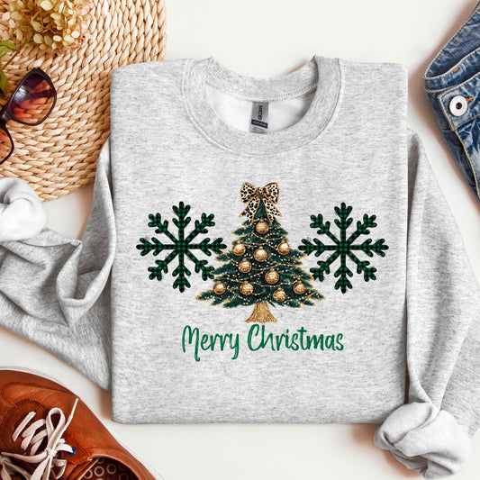 Merry Christmas- Gold Tree and Green Buffalo Check Snowflake
