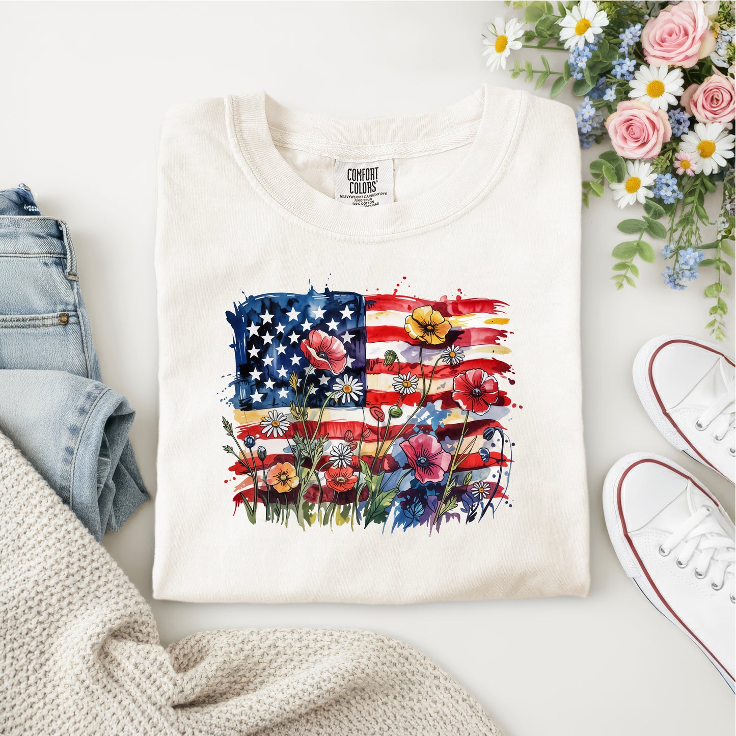 AMERICAN FLAG WITH FLOWERS