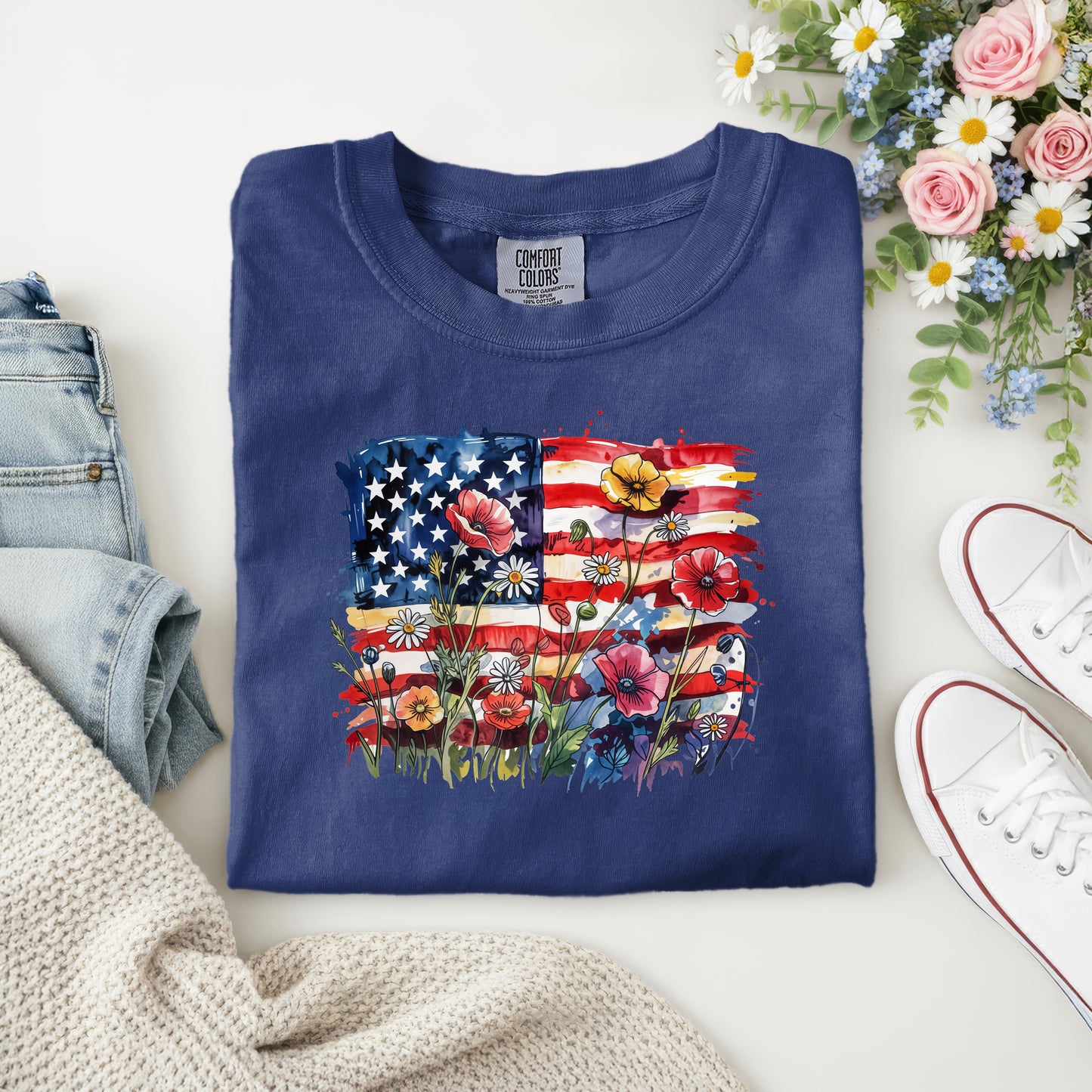 AMERICAN FLAG WITH FLOWERS