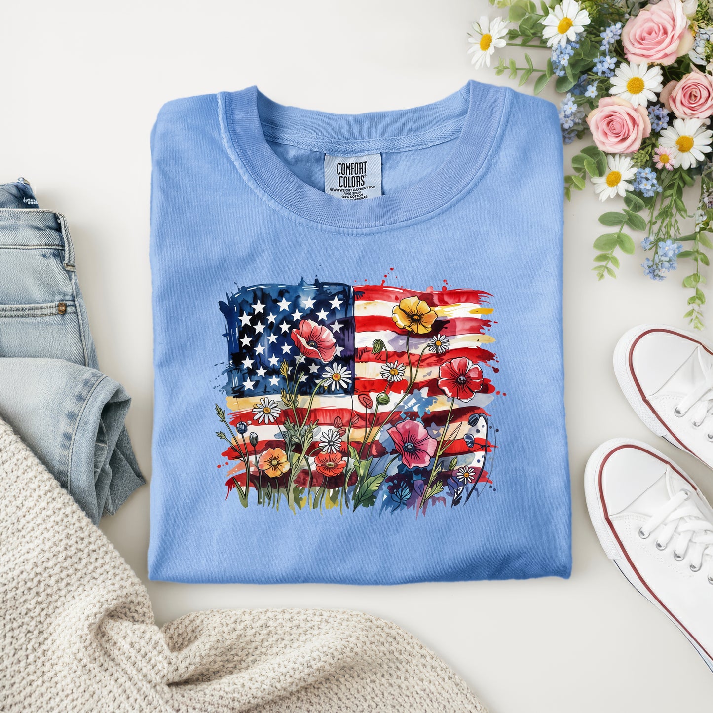 AMERICAN FLAG WITH FLOWERS