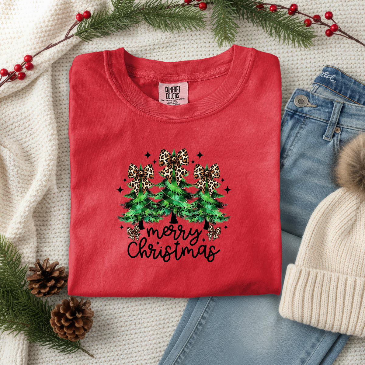 MERRY CHRISTMAS TREES WITH LEOPARD BOWS