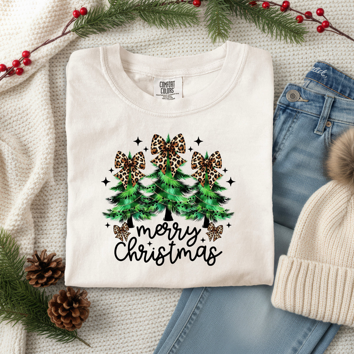 MERRY CHRISTMAS TREES WITH LEOPARD BOWS