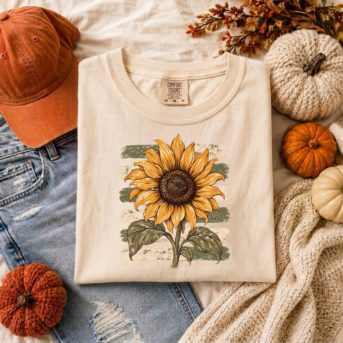 Sunflower with Green and Ivory Stripe
