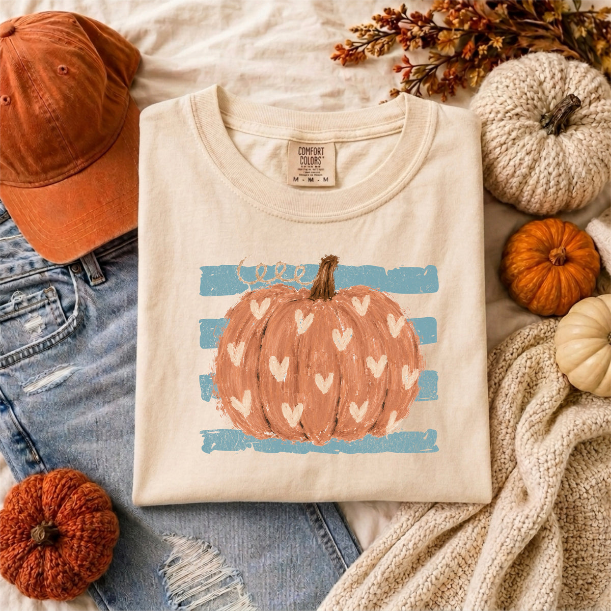 PUMPKIN WITH HEARTS AND BLUE STRIPE