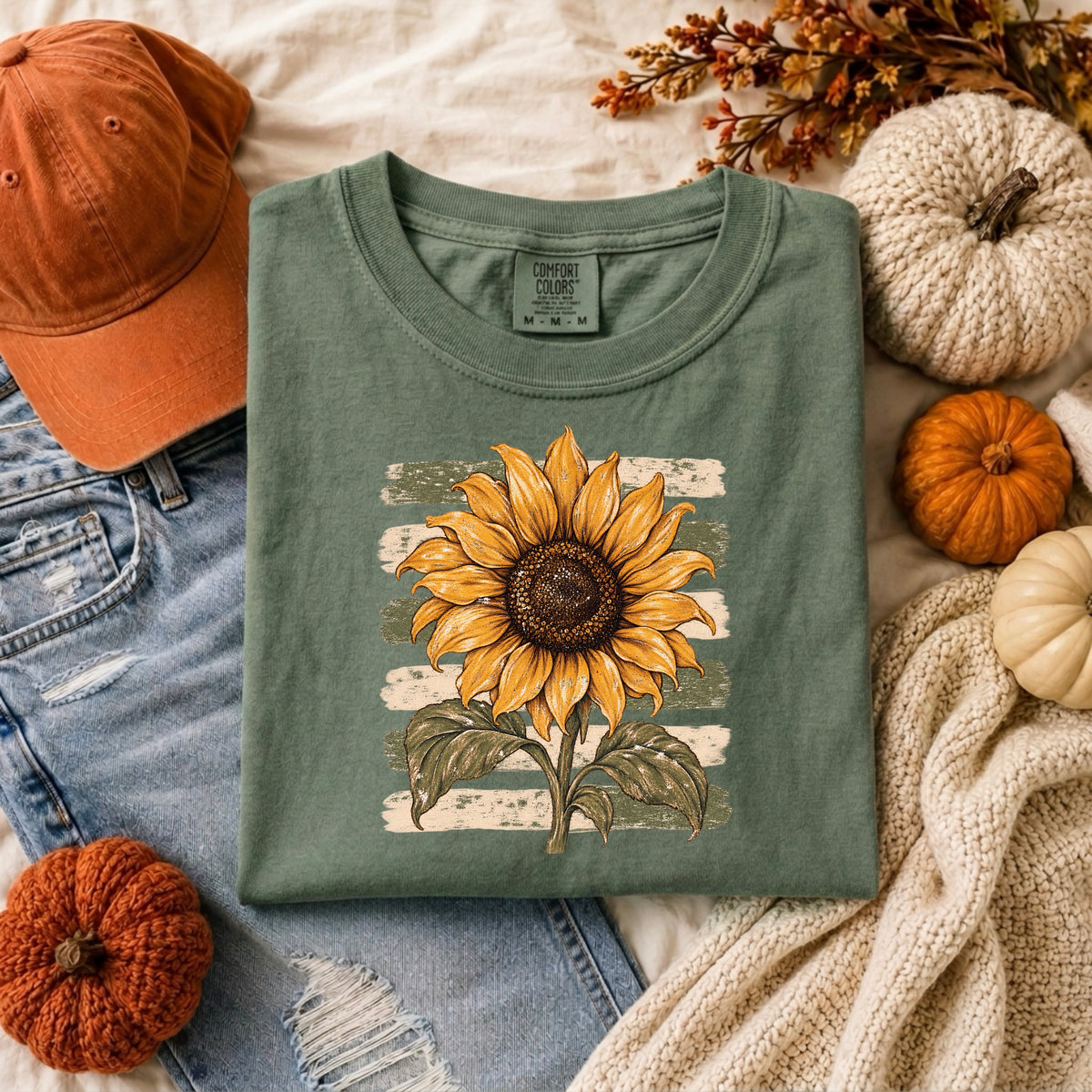 Sunflower with Green and Ivory Stripe