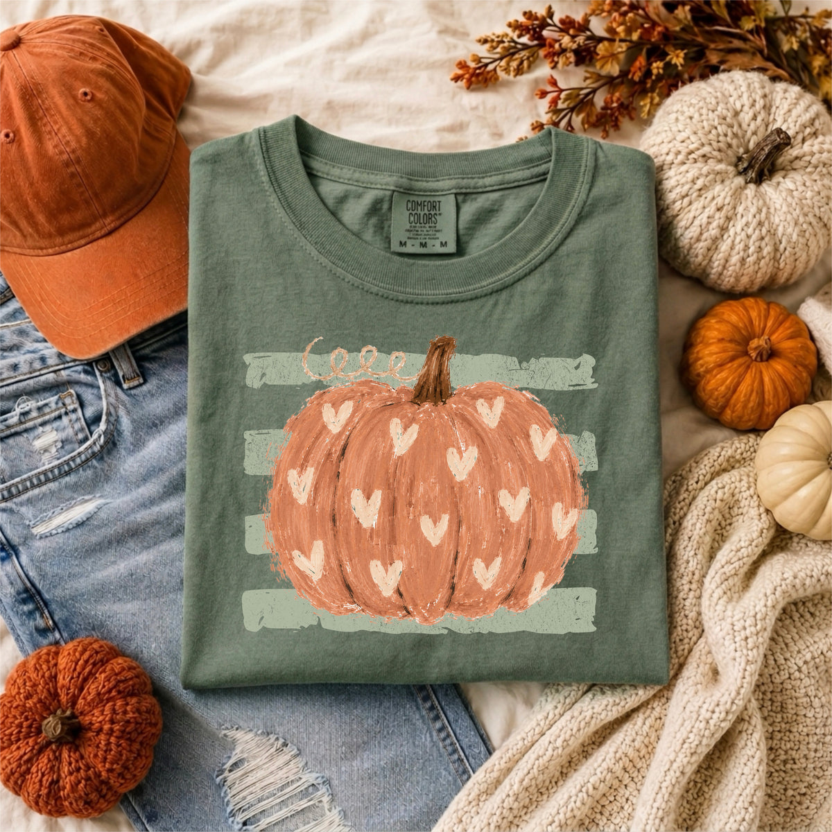 PUMPKIN WITH HEARTS AND GREEN STRIPE