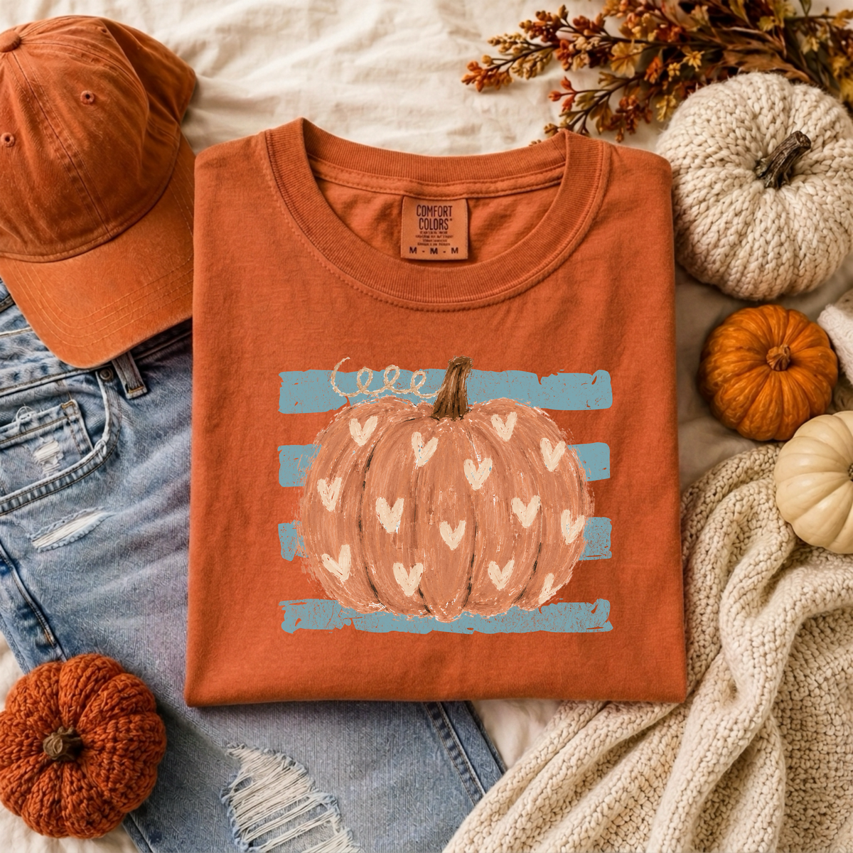 PUMPKIN WITH HEARTS AND BLUE STRIPE